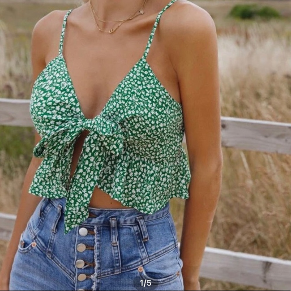 Green flower tye together tank
